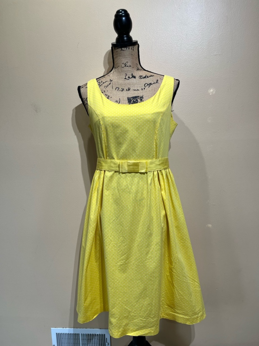Sleeveless Bright Yellow Polka Dot Fit-and-Flare Dress with Belt